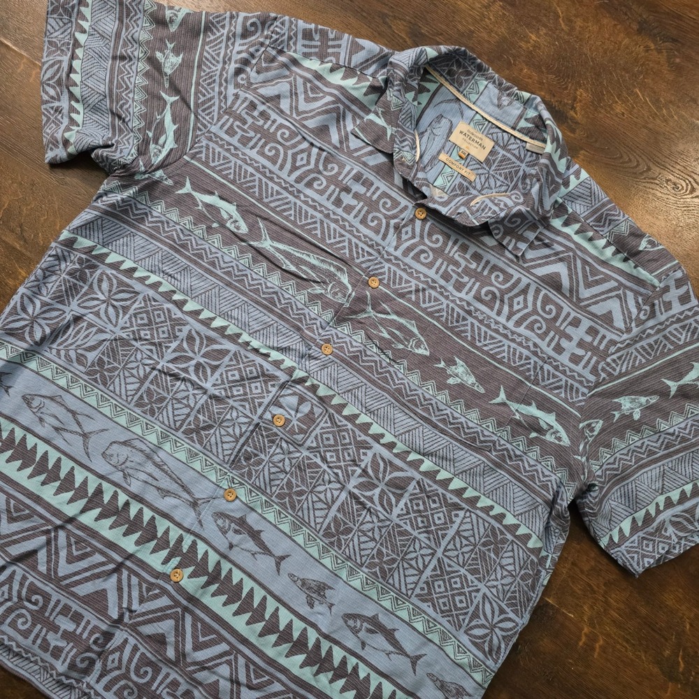 Quiksilver Waterman Collection Mens XXL Blue Tribal Fish Print Hawaiian Shirt